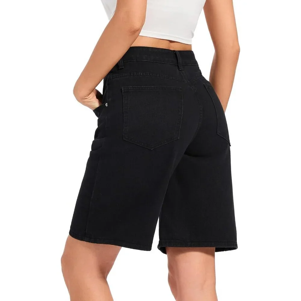 Women Baggy Jean Shorts Denim Bermuda Mid-Low Rise Casual Wide Leg